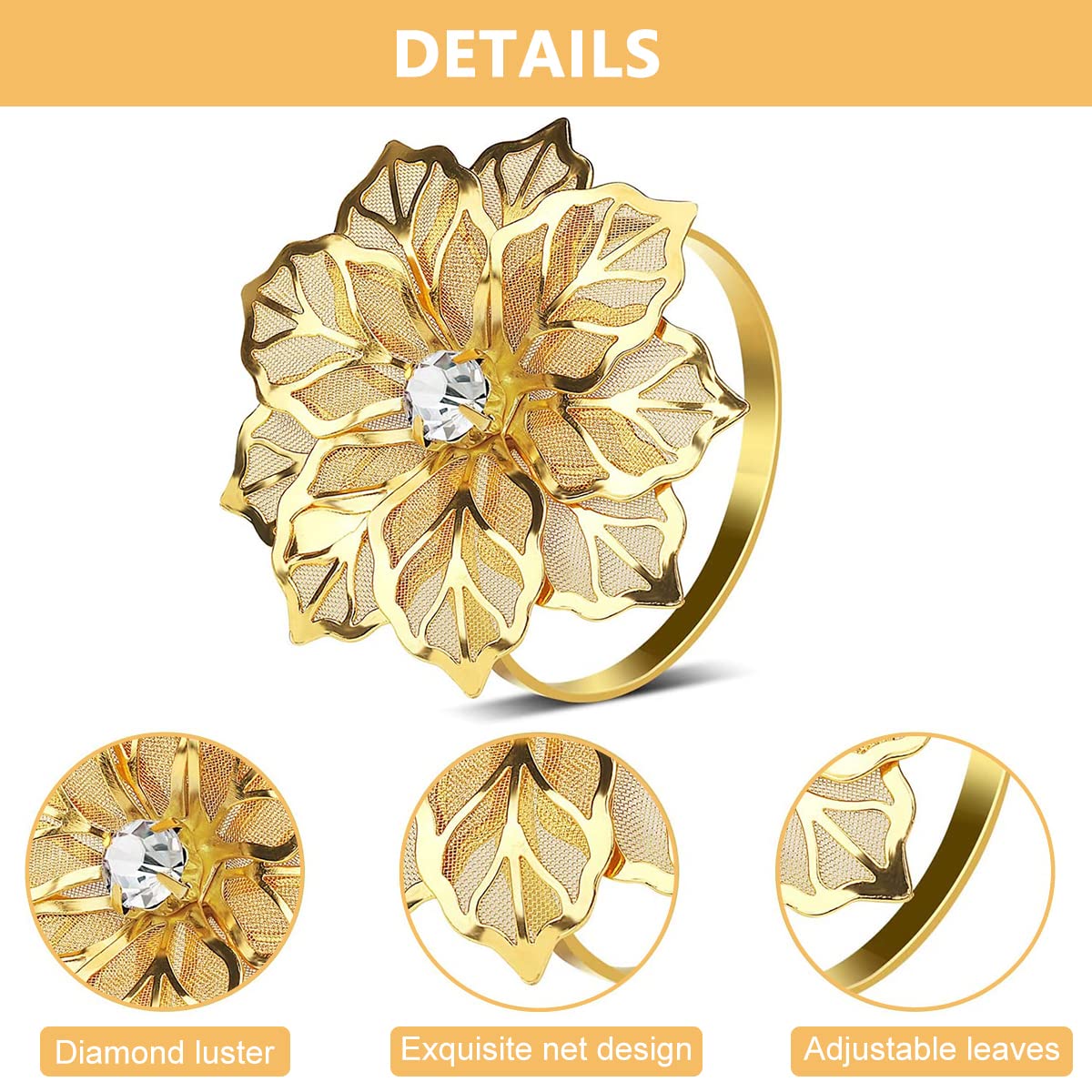 HASTHIP 6 Pcs Napkin Rings for Dinners Table Flower Rhinestone Metal Gold Napkin Holder Table Napkin Rings for Parties Wedding Everyday Dinner Decor HASTHIP 6 Pcs Napkin Rings for Dinners Table Flower Rhinestone Metal Gold Napkin Holder Table Napkin Rings for Parties Wedding Everyday Dinner Decor